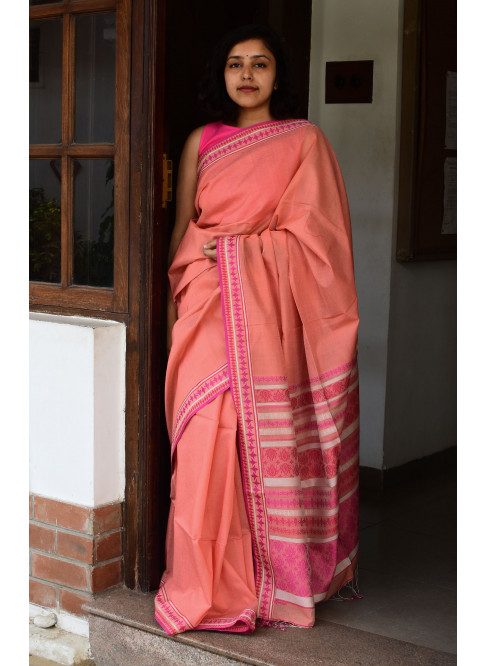 Orangish Pink, Handwoven Organic Cotton, Textured Weave , Jacquard, Work Wear Saree